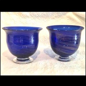 Hand Blown Cobalt Blue & Gold Swirl Art Glass Vase
